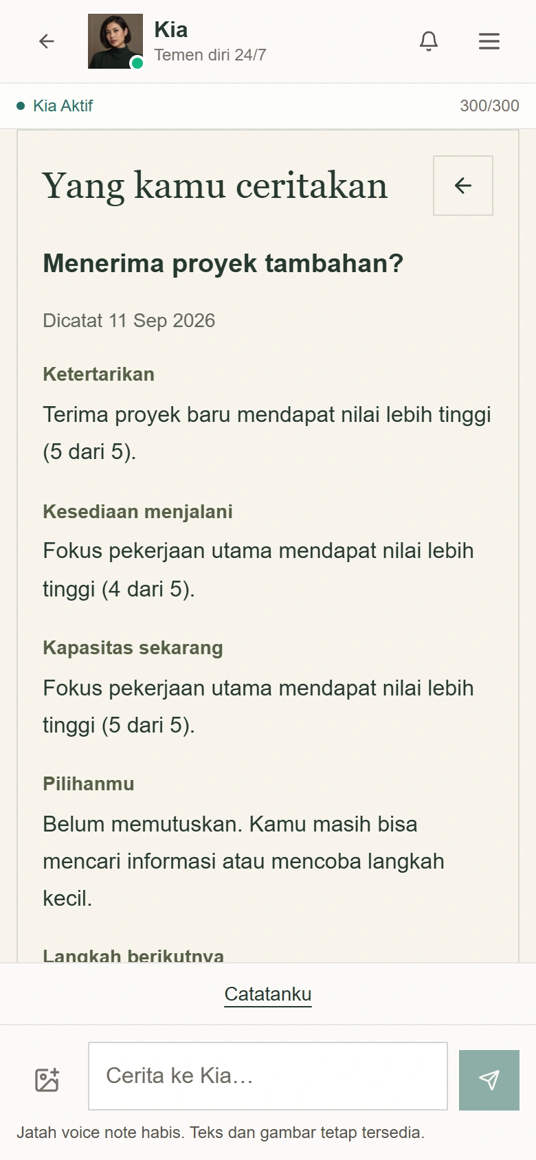 Screenshot of Tanya Diri with sample data: a summary comparing interest, willingness and capacity for two options.