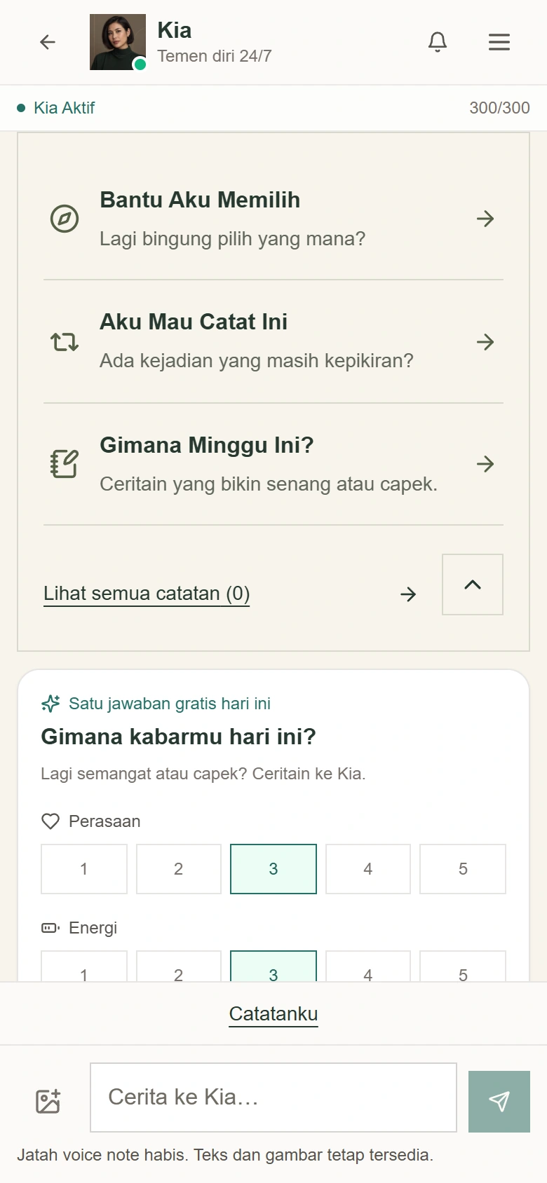 Screenshot of Tanya Diri with sample data: options to discuss a decision, log a story or talk about the week.