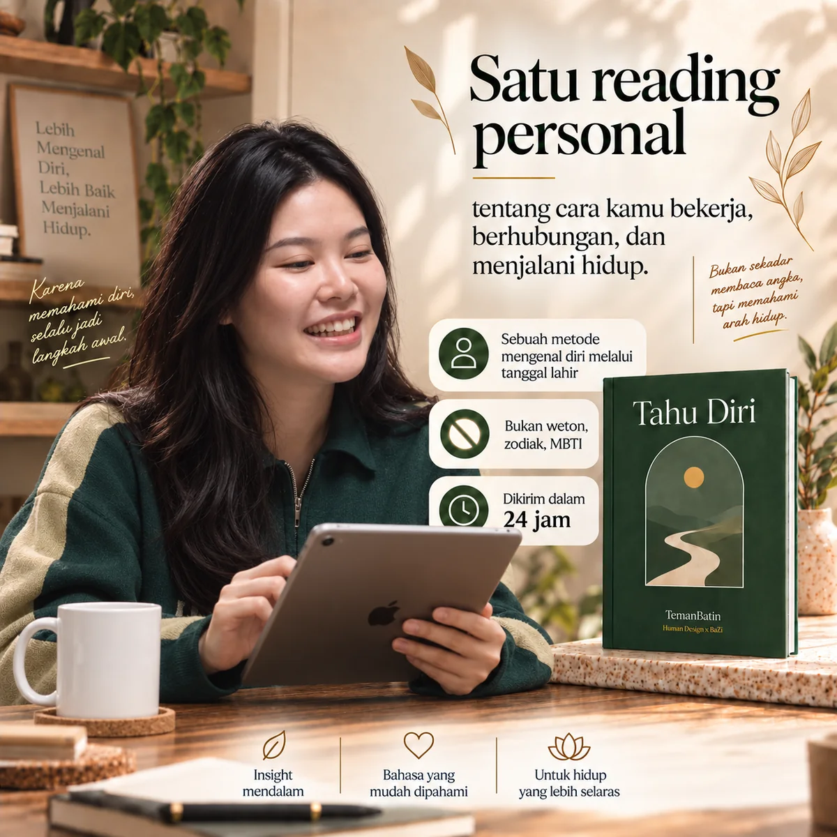 Product image of the Tahu Diri personal reading shown on a tablet next to the printed book.
